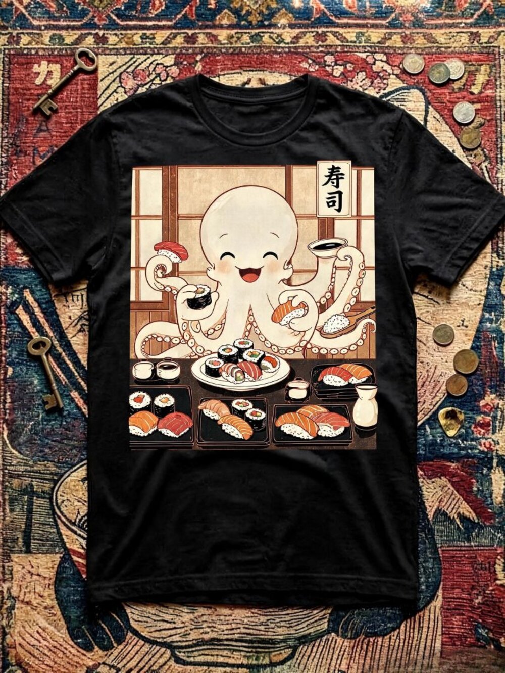 Vintage Japanese Sushi Octopus Graphic T-shirt Unisex Cotton Streetwear Y2K Tee